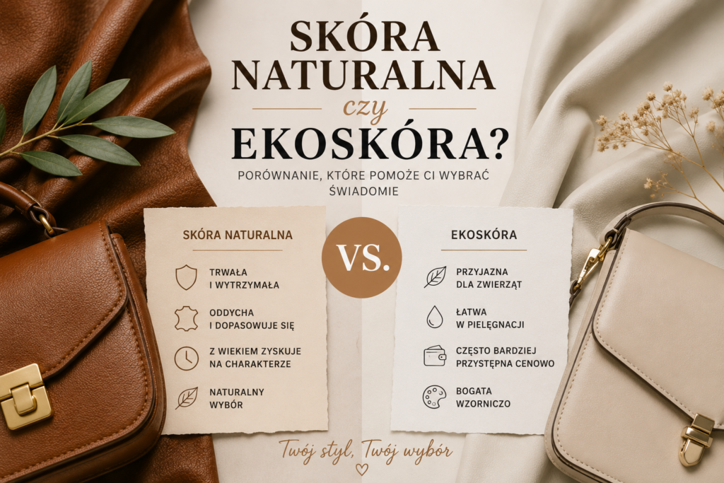 Porównanie skóry naturalnej i ekoskóry – brązowa torebka ze skóry naturalnej oraz jasna torebka z ekoskóry na tle materiałów przedstawiających różnice między rodzajami skór.