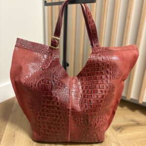 Duża skórzana shopperka z kosmetyczką Rovena Croco czerwona