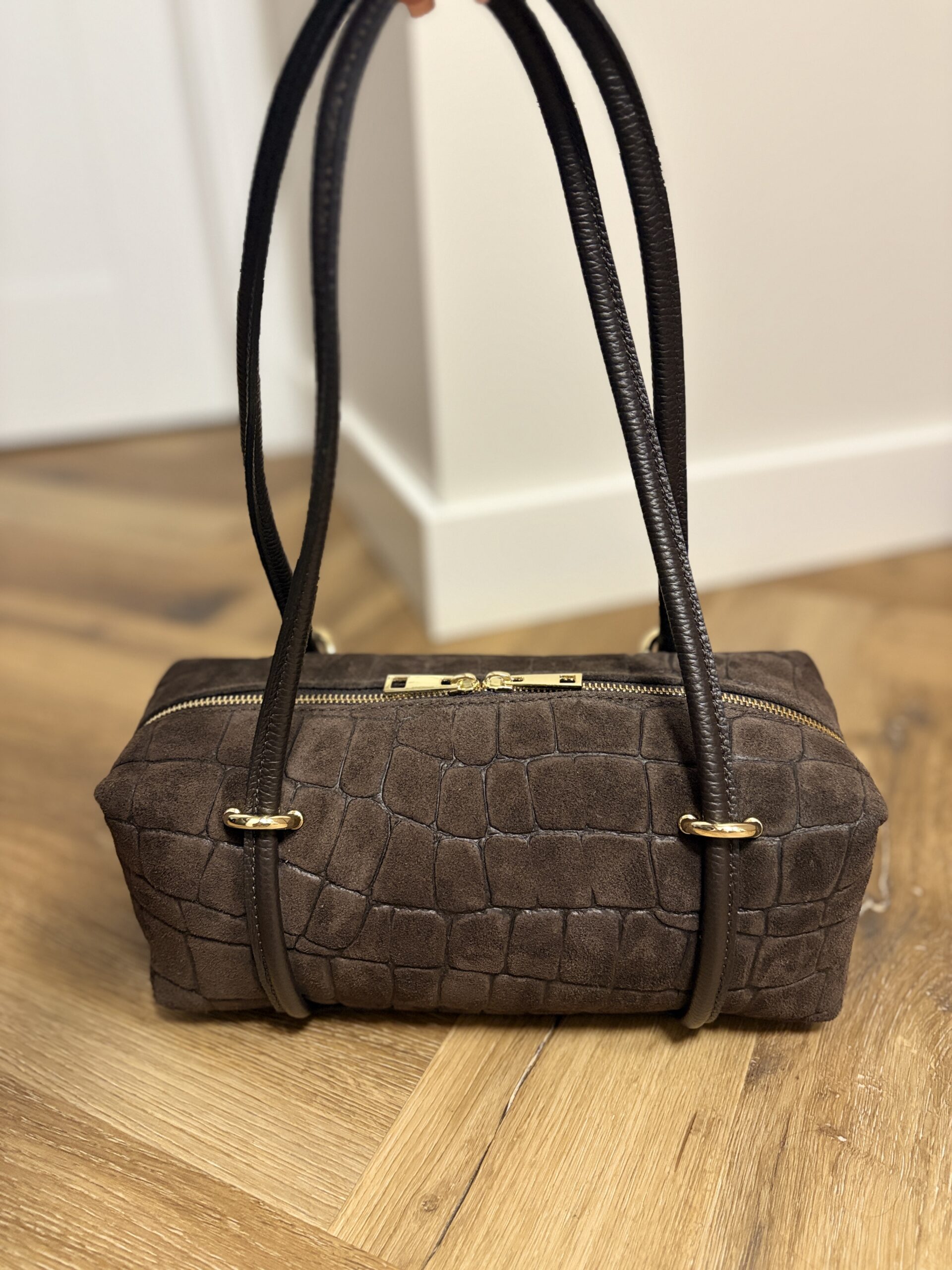 Torebka typu jamnik skórzano-zamszowa Aveline Croco Medium – brązowa 2 Torebka typu jamnik skórzano-zamszowa Aveline Croco Medium – brązowa - obrazek 2